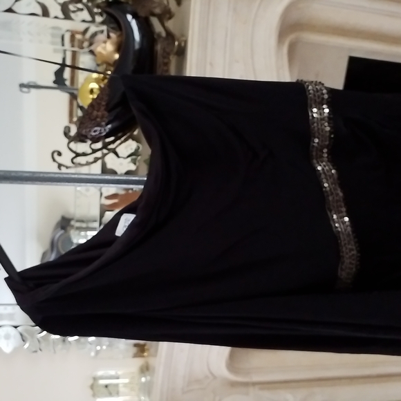 Cache. One-Shoulder, Cascading, Draped-Sleeve, Ruched Black Dress. Beaded Silky - Picture 5 of 16